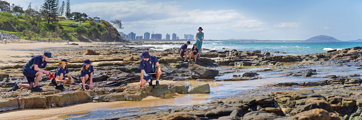Students outside studying rock pools on the beach