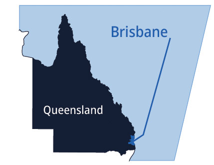 Brisbane location marked on a map of Queensland, Australia