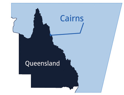 Cairns location marked on a map of Queensland, Australia