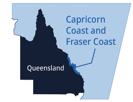 Capricorn Coast and Fraser Coast location marked on a map of Queensland, Australia