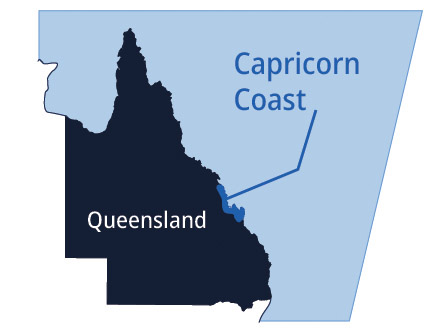 Capricorn Coast location marked on a map of Queensland, Australia
