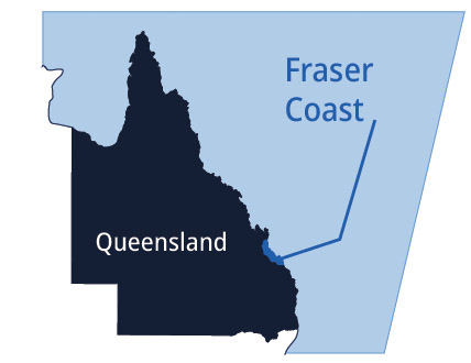 Fraser Coast location marked on a map of Queensland, Australia