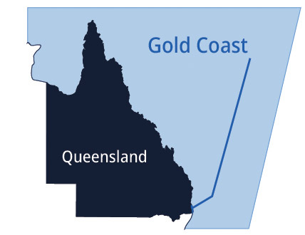Gold Coast location marked on a map of Queensland, Australia