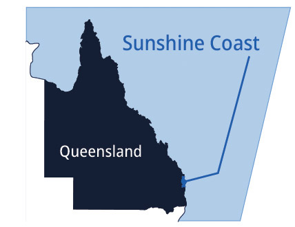 Sunshine Coast location marked on a map of Queensland, Australia