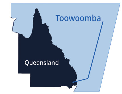 Toowoomba location marked on a map of Queensland, Australia