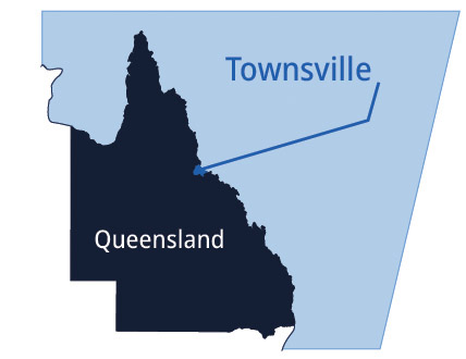 Townsville location marked on a map of Queensland, Australia